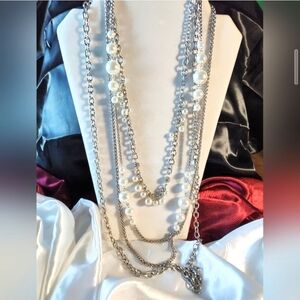 Vintage Chico's Beautiful Long Silver Tone Chain With Faux Pearls